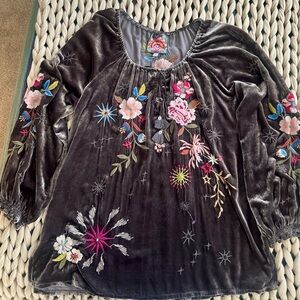 Johnny Was Charcoal Velvet Blouse with Floral Embroidery